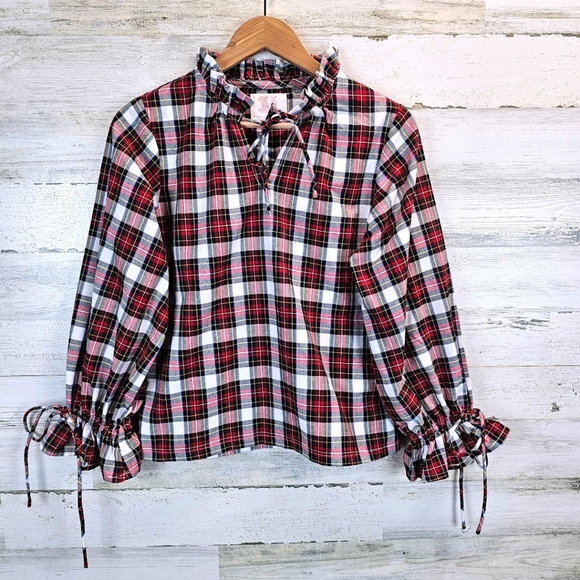 Victoria Dunn Women Plaid Ruffle Drawstring Top Small Red Preppy Coastal Cottage - Picture 8 of 15